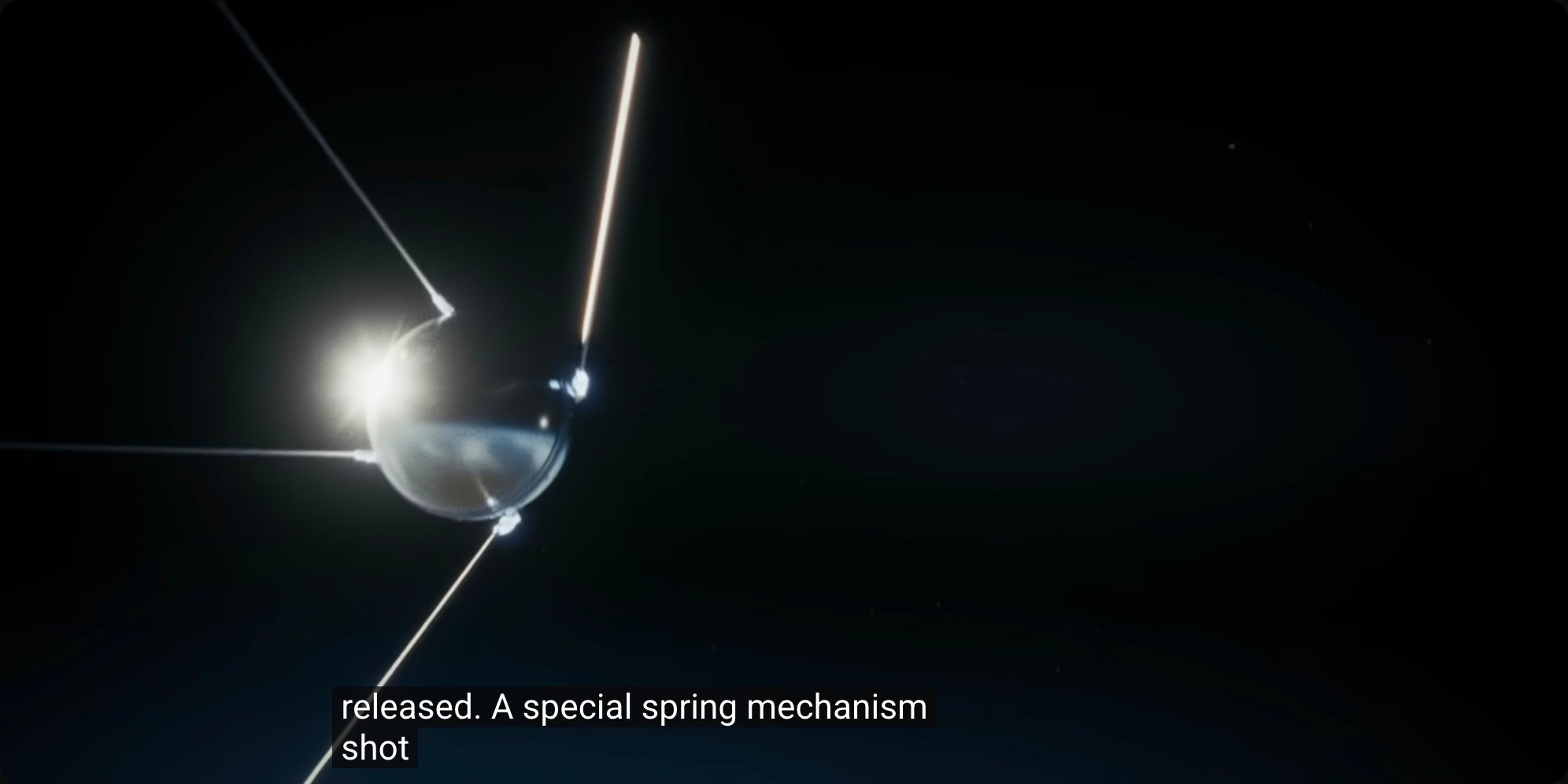 Sputnik in orbit, antennas deployed. The polished sphere reflected sunlight, making it visible from Earth's surface. Its radio beacon transmitted continuously, alternating between two frequencies to create the distinctive beep pattern.