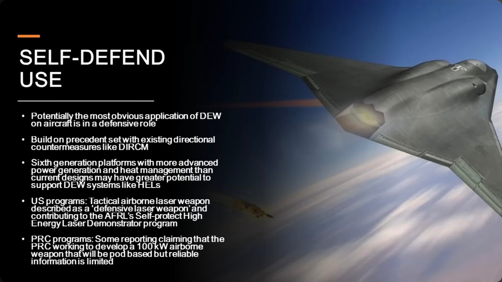 Airborne directed-energy systems could provide fighters with defensive capabilities against incoming missiles, building on the layered survivability approach of stealth, standoff, and active countermeasures.