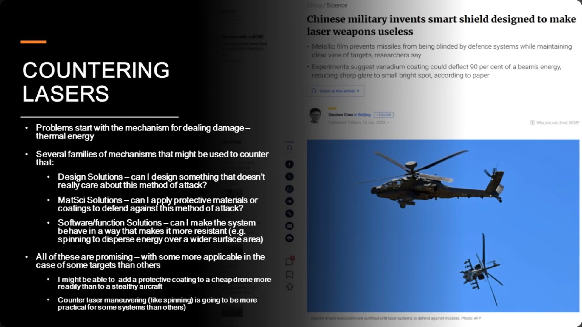 Countermeasures against lasers range from material science solutions like reflective coatings to design changes like increased reflectivity or rotational flight profiles that spread thermal exposure.