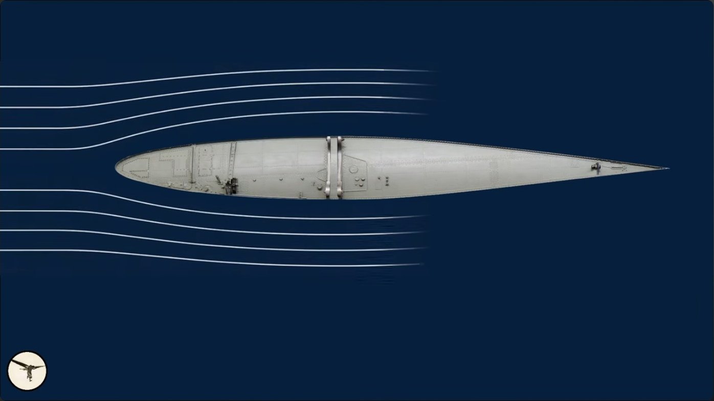 Overhead view of a symmetrical airfoil, illustrating the chord line running from leading edge to trailing edge. In a symmetrical section, the curvature above and below this line is identical.