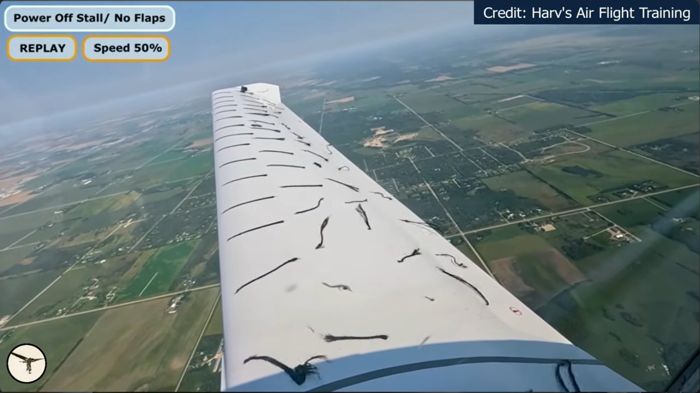 In-flight visualization of boundary layer behavior on a wing, showing transition and separation points that shift with angle of attack and speed.