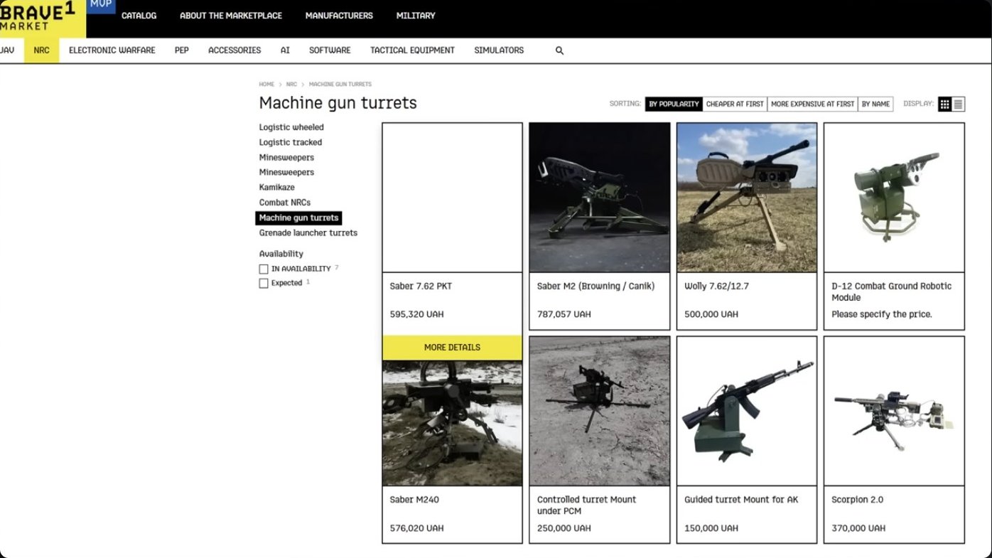 The Brave1 marketplace displays a range of machine gun turrets available for purchase, from simple remotely-controlled AK mounts to sophisticated sensor-integrated systems for larger calibres.