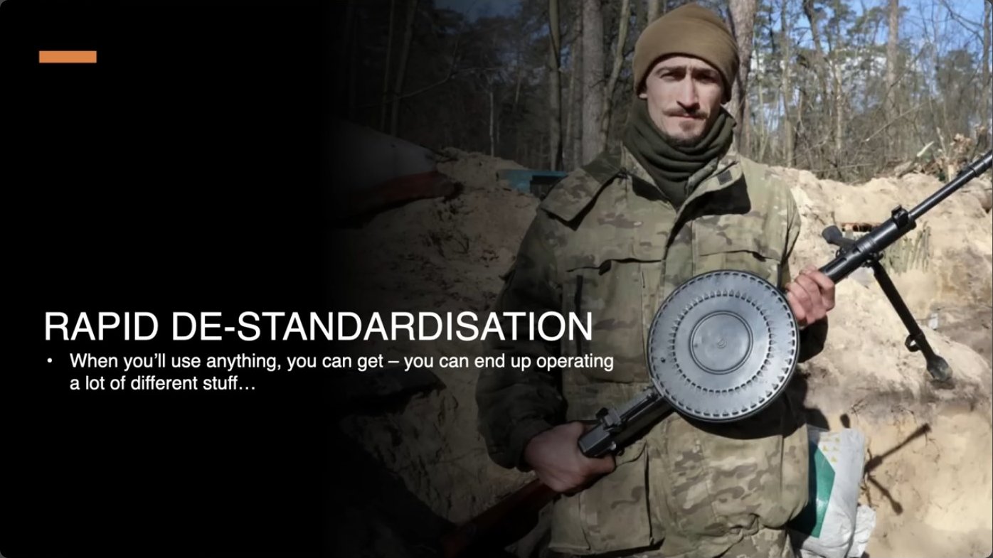 Rapid destandardisation under pressure creates long-term challenges: when necessity drives forces to accept any available equipment, the logistics burden of supporting that variety persists well beyond the initial crisis.