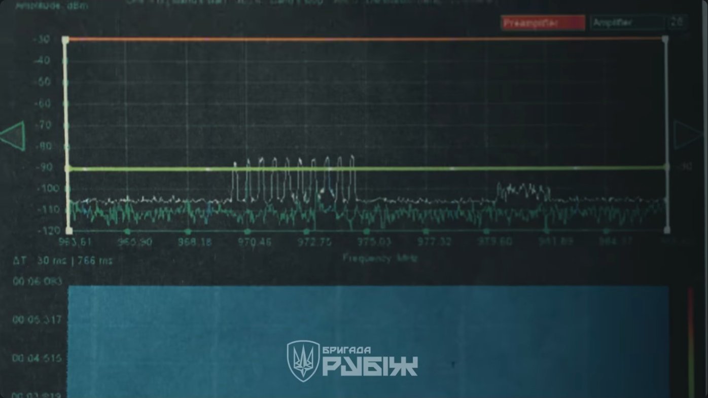 Spectrum analysis display showing signal spikes across different frequency ranges. Such monitoring equipment allows operators to detect enemy drone control signals and identify the exact frequencies requiring jamming.